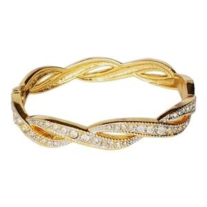 Gold Tone Twist Hinged Bangle Bracelet with Faux Diamonds 7.5” Stamped